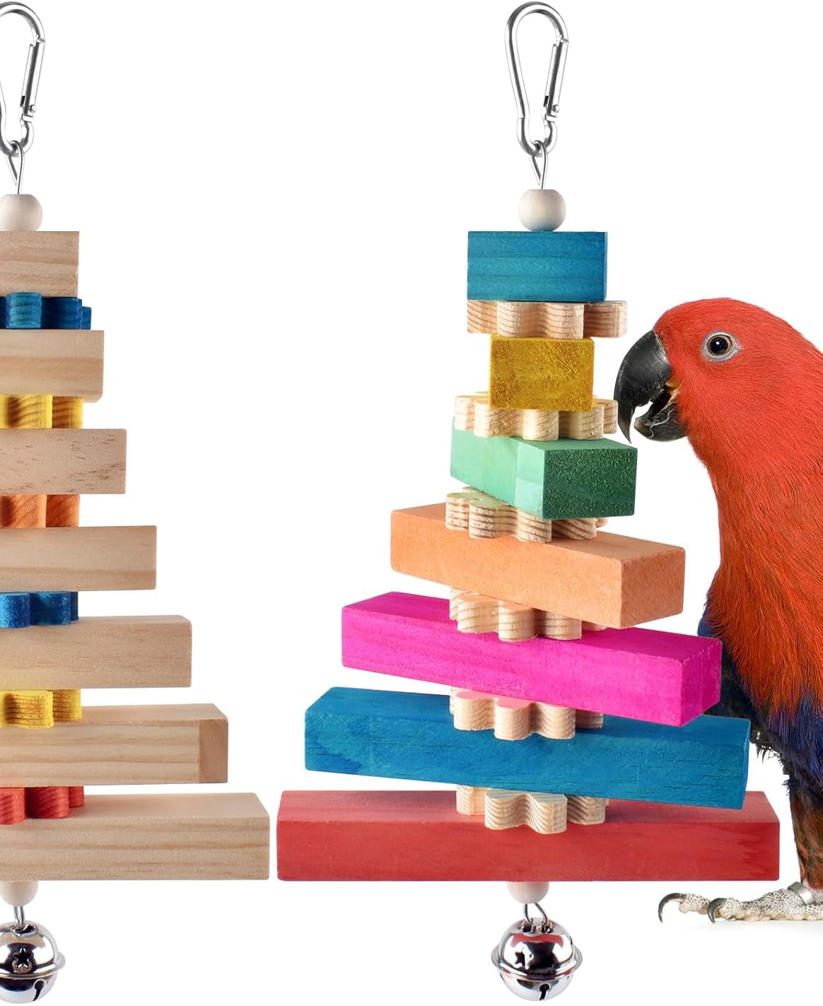 Bird Toys, Colorful Natural Hanging Chew Wood Block with Bell for Parrots