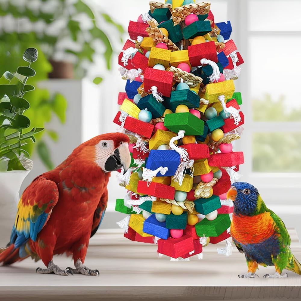 Bird Toys Colorful Natural Wood Block Chew Foraging Toys for Bird Cages Cockatoos, Macaws, African Greys, and Amazons