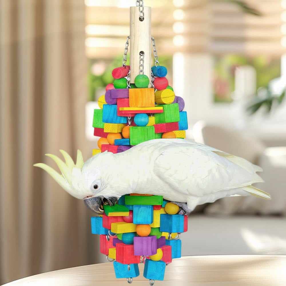 Bird Toys - Heavy Duty Natural Parrot Toys for Chewing Foraging with SS Chain & Edible Colors for Parrots