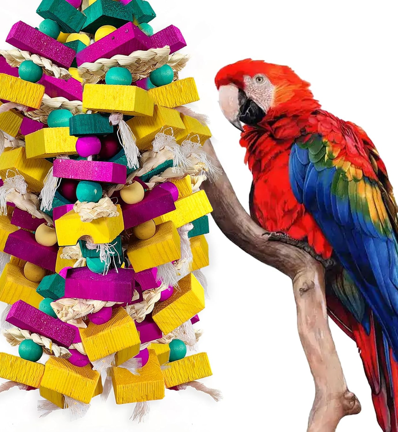 Bird Toys, Multi-Color Wooden Block with Bamboo Support Chewing Toy for Parrot Cage