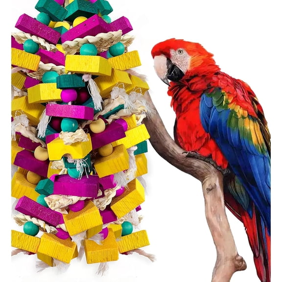 Bird Toys, Multi-Color Wooden Block with Bamboo Support Chewing Toy for Parrot Cage