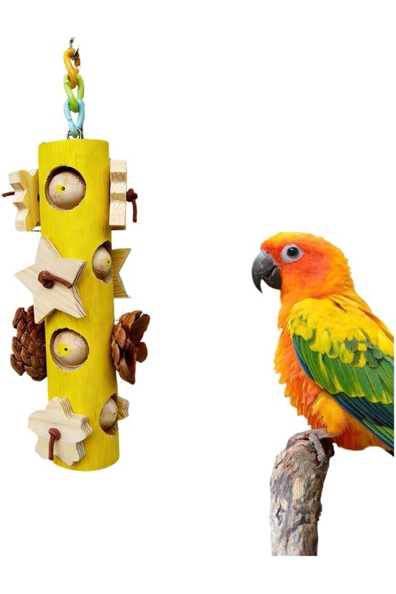 Bird Toys for Parrot - Hanging Colorful Wood Blocks & Pine Cones Chew Foraging Toy for Beak Grinding, Cage Accessories for Small to Medium Birds, Parakeets, Budgies, Cockatiels, Conures
