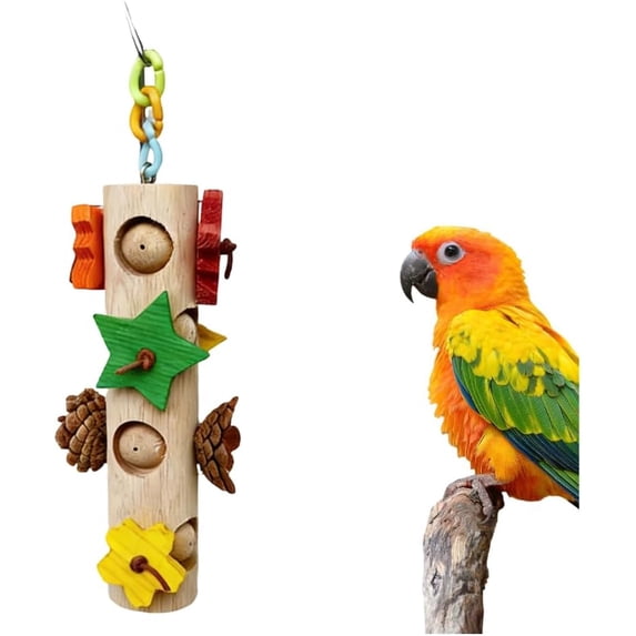 Bird Toys for Parrot - Hanging Colorful Wood Blocks & Pine Cones Chew Foraging Toy for Beak Grinding, Cage Accessories for Small to Medium Birds, Parakeets, Budgies, Cockatiels, Conures