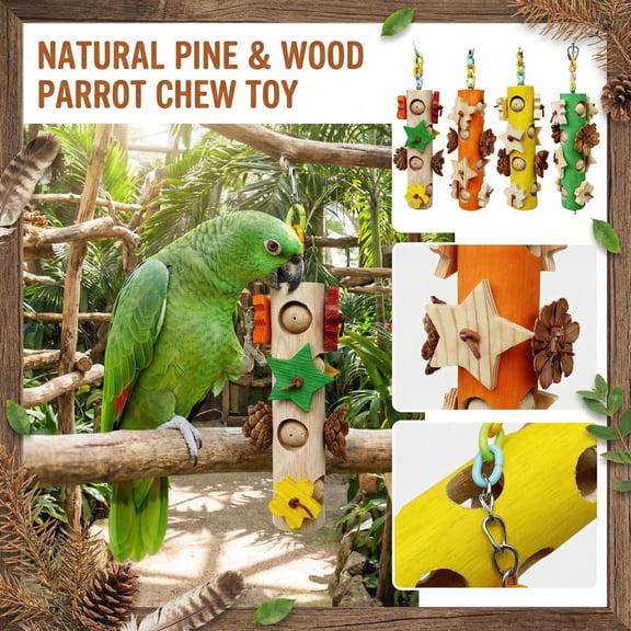 Bird Toys for Parrot,Hanging Colorful Wood Blocks Pine Cones Parakeet Chew Foraging Toy for Beak-Grinding, Cage Accessories for Small to Medium Budgies, Cockatiels, Caiques, Conures,Yellow