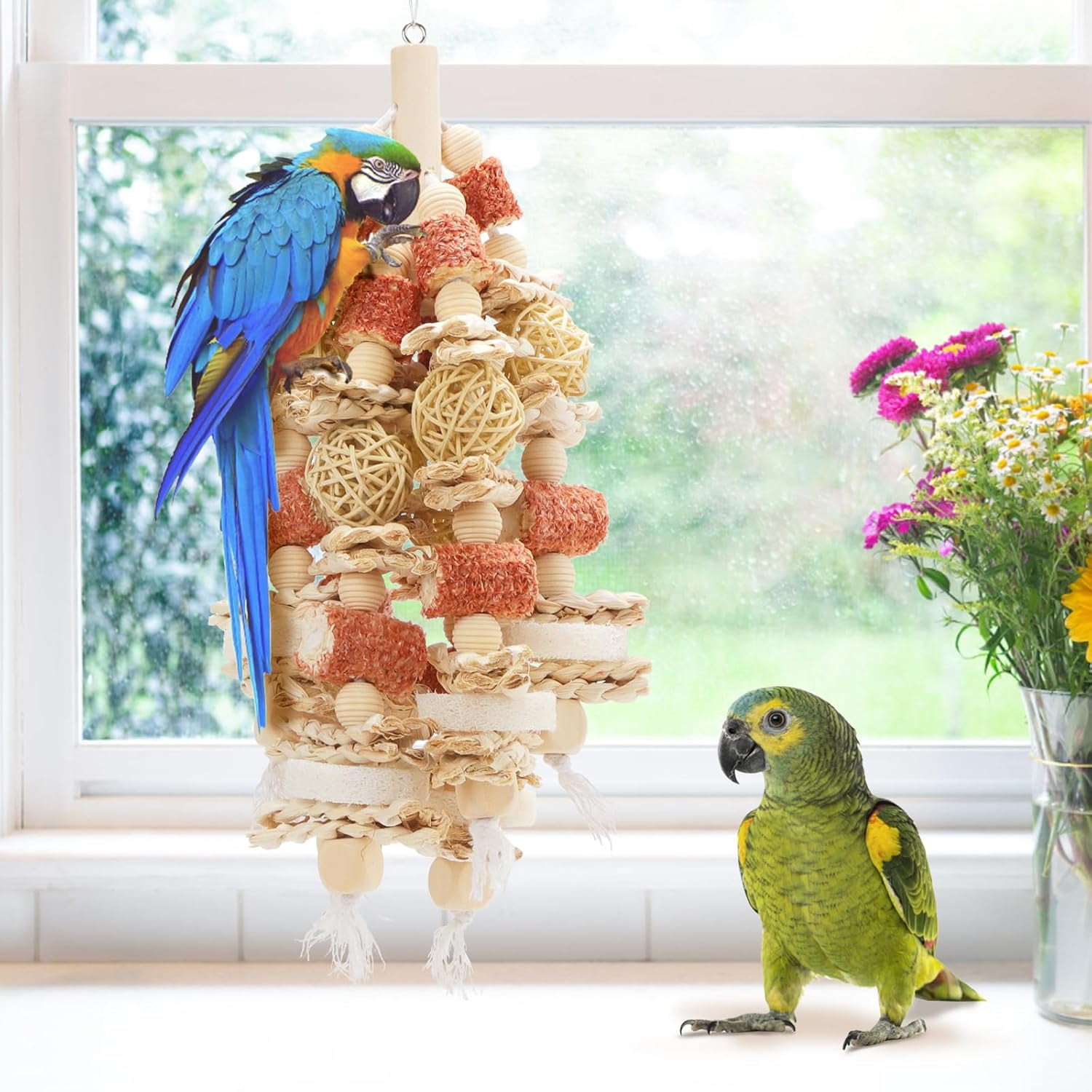Bird Toys, Parrot Toy for Chewing with Natural Corn Cob and Loofah Slices, Can Be Hung in Parrot Cages