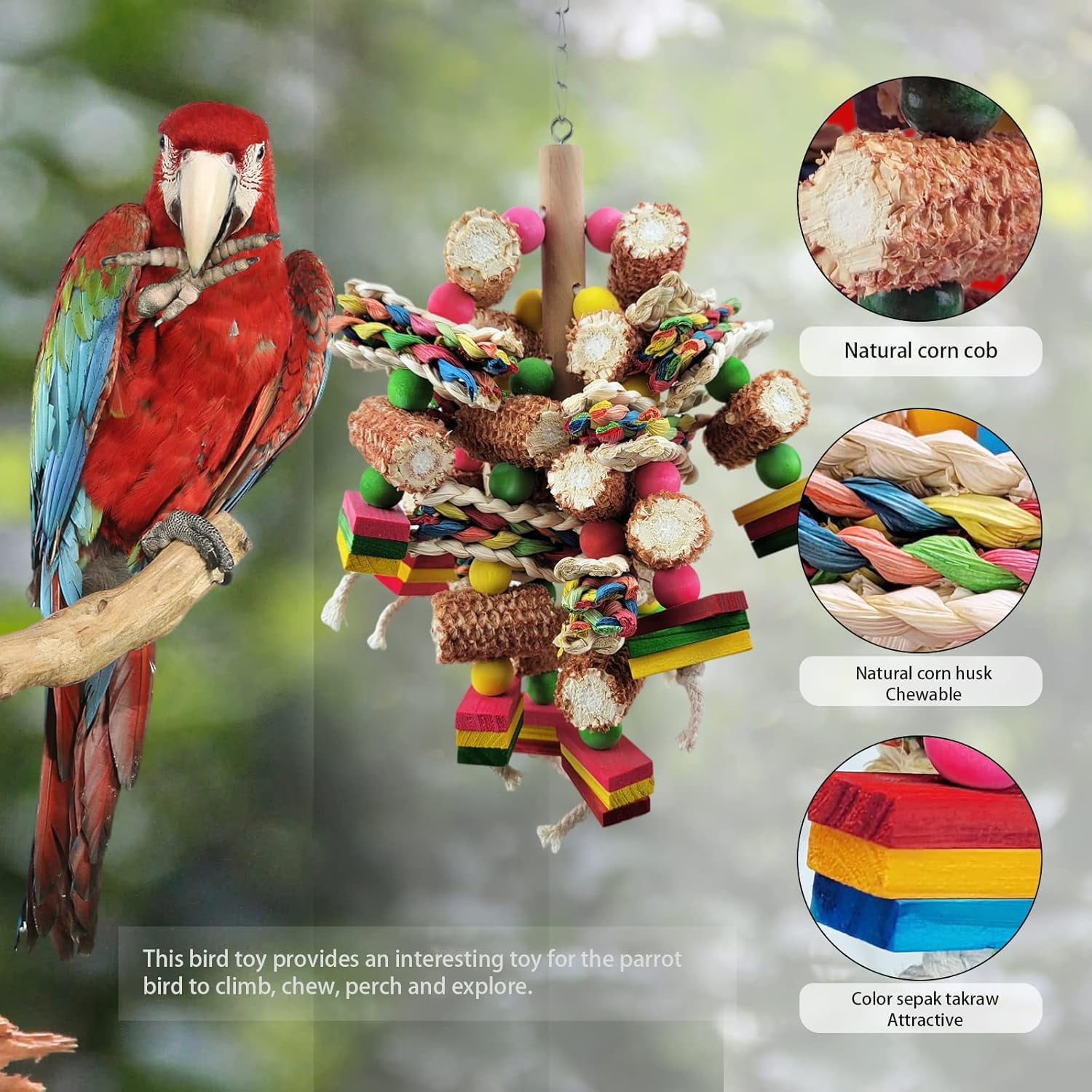 Bird Toys, Parrot Toys Made of Natural Multi-Colored Wooden Blocks for African Grey Parrots, Amazon Parrots, Small and Medium-Sized Birds to Exercise Beak