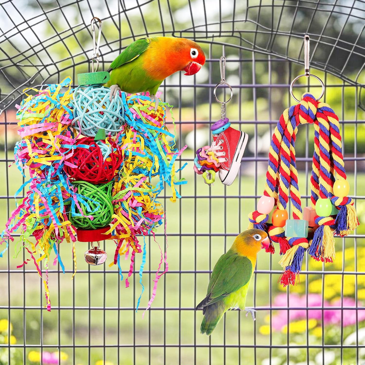 Bird Toys for Parakeet, Parrot Conure Chewing Shredding Foraging Toys with Rope Perch, Bird Cage Accessories for Cockatiel Budgies Lovebird