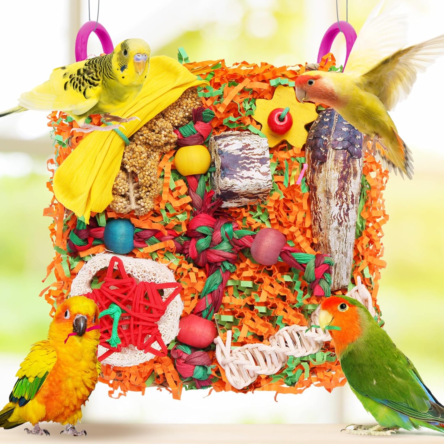 Bird Toys for Parrots - Natural Foraging & Shredding Cage Hanging Toys with Seagrass Mat, Starfruit, Loofah Slices