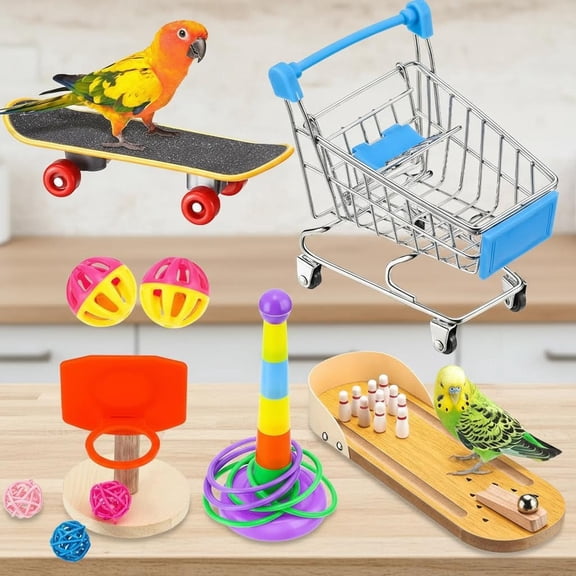 Bird Training Toys - Parrot Intelligence Toys for Parakeet, Cockatiel, Macaw - Includes Bowling, Basketball, Rings, Shopping Cart, Skateboard, Bell, Ball
