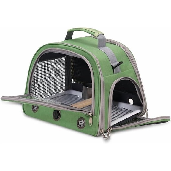 Bird Travel Carrier, Portable Small Bird Parrot Parakeet Carrier with Standing Perch and Tray, Side Access Window Collapsible Bird Carry Transport Bag for Vet Visit(Green)