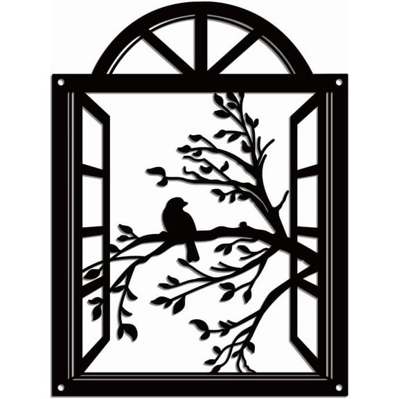 Bird On Tree Branch Metal Wall Decor Black Iron Bird Wall Art Decor with Hole Metal Bird and Window Wall Hanging Silhouette Sculpture for Living Room Garden Bedroom Office Balcony