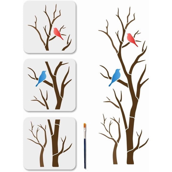 Bird Tree Branch Stencils Birds Stencil 7.8x7.8inch Splicing Style Tree Forks Tall Tree Template with Paint Brush Animal Wall Templates for Craft on Window Wood Wall Home Decor Colorful DIY