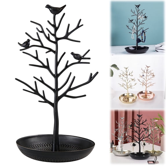 Bird Tree Jewelry Display Stand, Artificial Tree Desktop Display Stand with Bird Decor & Metal Tray, Hanging Jewelry Organizer for Necklaces Rings, Branch Tree Tower Rack for Living Room Office