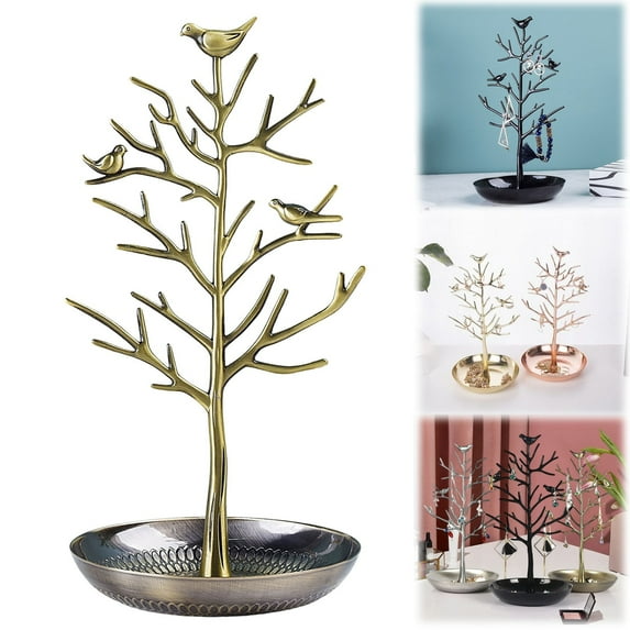 Bird Tree Jewelry Display Stand, Artificial Tree Desktop Display Stand with Bird Decor & Metal Tray, Hanging Jewelry Organizer for Necklaces Rings, Branch Tree Tower Rack for Living Room Office
