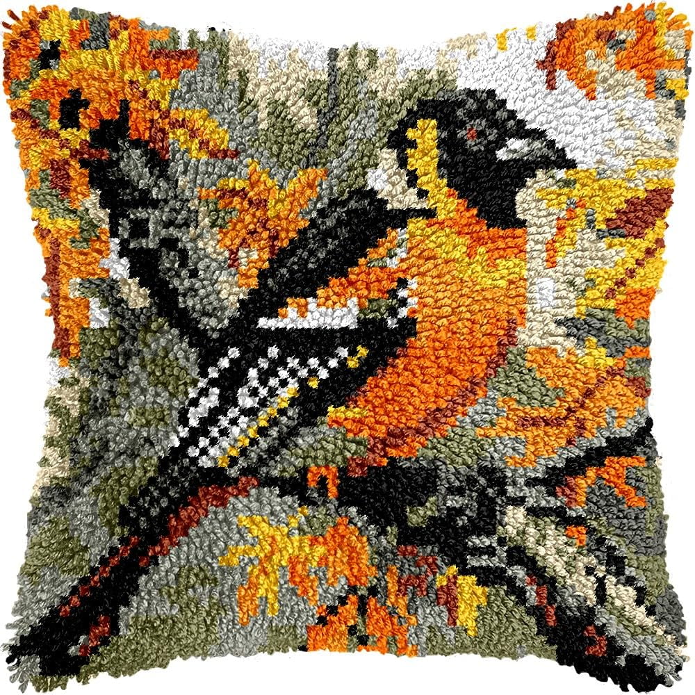 Bird on Tree Latch Hook Kits Pillow kits Cushion Throw Pillow Embroidery Craft Kits DIY Kits of DIY Hooking Pillowcase Cover Supplier with Color Printed Canvas 43x43cm (216)