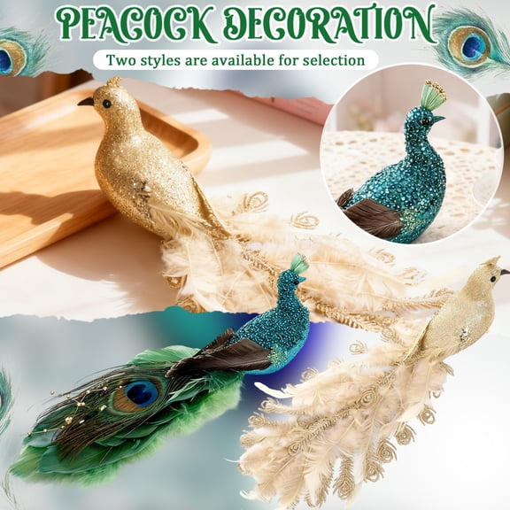 Bird Tree Topper Ornament - Peacock Christmas Tree Topper Ornament Simulated Peacock Bird Ornaments for Christmas Tree Artificial Feather Ornaments for Xmas Mother Halloween, Golden, 13.7x5.5"