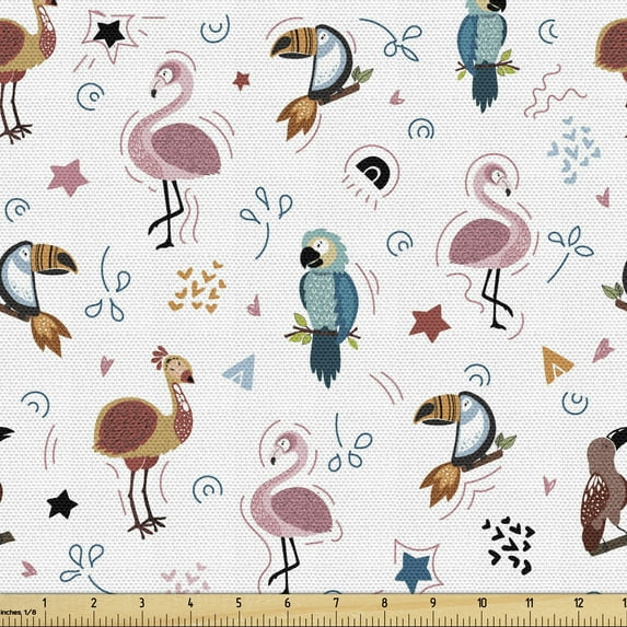 Bird Upholstery Fabric by the Yard, Various Exotic Birds Parrot Toucan Flamingo Star and Heart Shapes Pattern, Decorative Fabric for DIY and Home Accents, White and Multicolor by Ambesonne