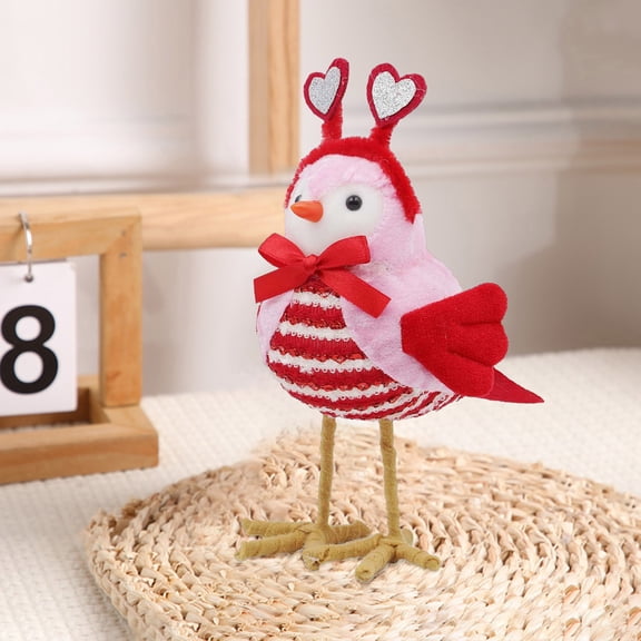 Bird Valentines Day Decorations, Handmade Bird Plush with Heart Design for Home Table Centerpiece, Red Bird Ornament Party Supplies Heart Home Decor