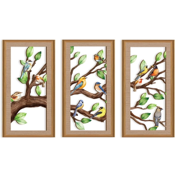Bird Wall Art Birds on Trees Branches Wall Decor Framed Green Leaves Wall Sculpture Boho Wooden Cut-Out Artwork Set of 3 For Living Room Bedroom Farmhouse 8X16 In