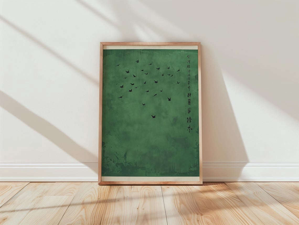 Picture Idea: Bird Wall Art Minimalist Asian Calligraphy Green Wall Decor Living