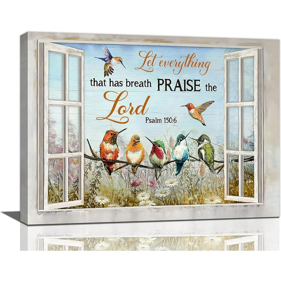 Bird Wall Art Rustic Window Hummingbirds on Branch Pictures Wall Decor Christian Canvas Painting Rustic Farmhouse Bird Artwork for Bedroom Living Room Kitchen Decoration Framed Ready to Hang 12"x16"
