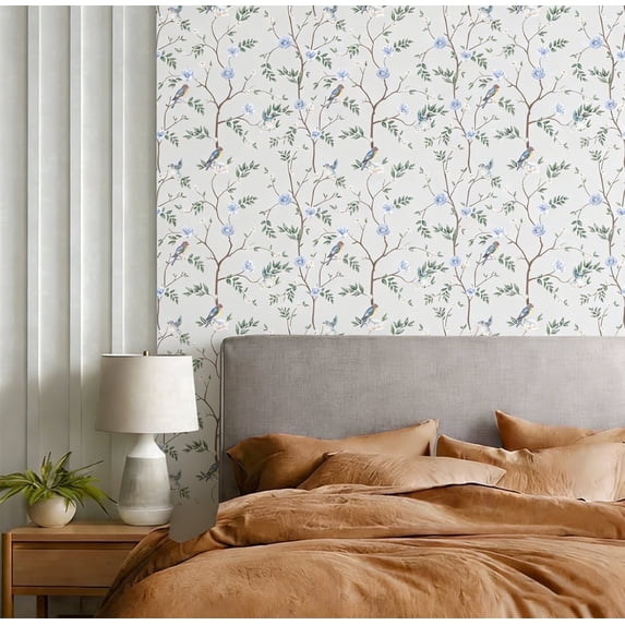 TOARTi Bird Wallpaper Blue Flower Peel and Stick Bird on Tree Branch Nature Wall Decal For Bedroom Living Room 17.3in x 9.8ft