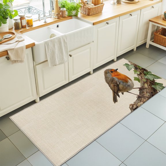 Bird Washable Runner Rugs 2'x6', Ivy Branch Animal Nature Rustic Linen Washable Runner Rug Non-Slip Sturdy Edge Binding Carpet for Bedside Hallway Runner Kitchen Galley