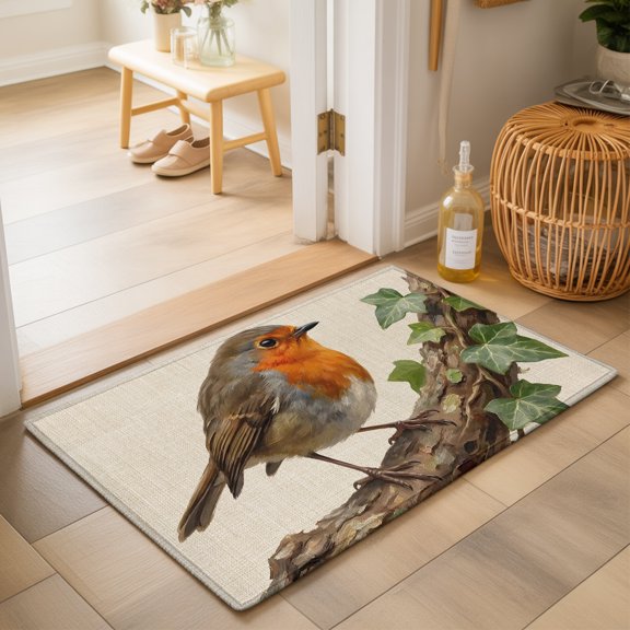 Bird Washable Small Entryway Area Rugs 2'x3', Ivy Branch Animal Nature Rustic Linen Washable Throw Rug Non-Slip Sturdy Edge Binding Carpet for Front Door Floor Room Entry