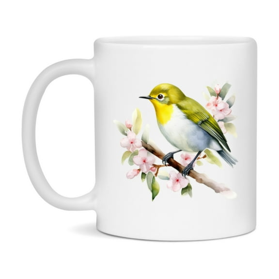 Bird Watching Mug, Japanese White Eye Song Bird Mug, 11oz or 15oz White Ceramic Coffee Mug Gift for Bird Watchers