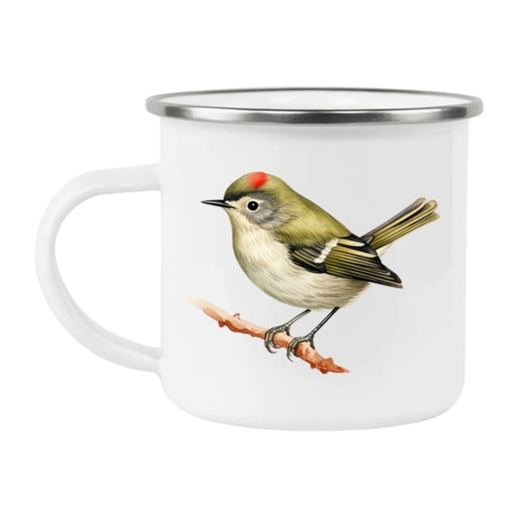 Bird Watching Mug, Ruby Crowned Kinglet Song Bird Camping Mug, 12oz Camping Mug, White Stainless Steel Cup with Handle