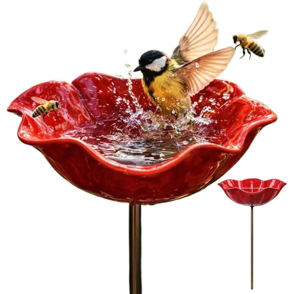 Bird Watering Station,Bird Bath for Outside Handmade Metal Flower Garden Stake,2026 New Bee Water Feeder with Flower Design,Colorful Butterfly Bee Bath Bowl for Outdoor Yard Garden Decor(Red)