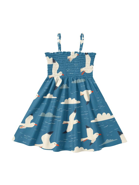 Bird White Cloud Girls' Casual Dresses 2Y-8Y Sleeveless Ruffle Neck for Summer Daily Wear