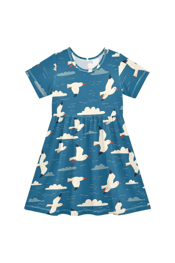 Bird White Cloud Girls Short Sleeve Dress A Line Sun Protection Breathable Comfort Sundress 4T