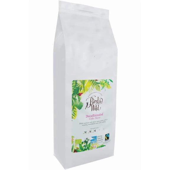 Bird & Wild Fairtrade Organic Decaf Coffee Beans 1kg - Swiss Water Decaffeinated Process - All Machines - Donation to RSPB - Strength 3 - Medium Roast - 100% Arabica