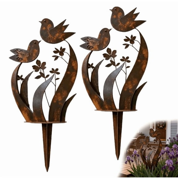 Bird and Wildflower Metal Garden Stake, Charming Handmade Garden Art Stake with Bird Floral Design, Rustic Outdoor Decor for Yard Lawn Patio Planters 2PCS