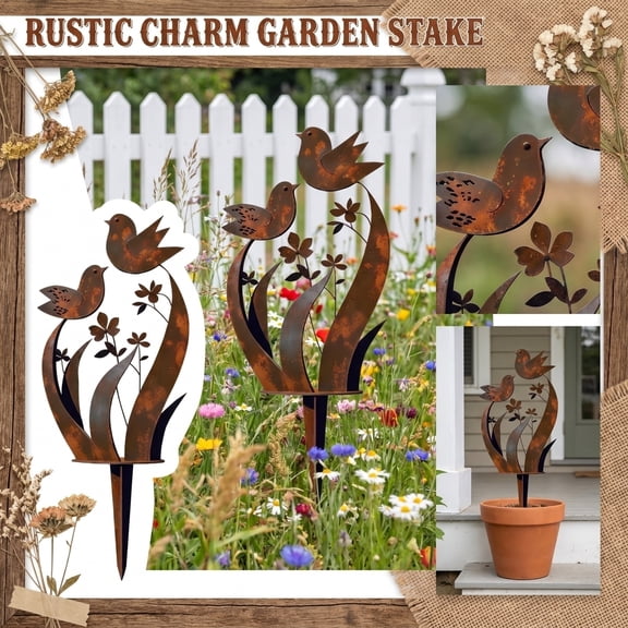 Bird and Wildflower Metal Garden Stake  Charming Rustic Bird Garden Sculpture  Handmade Metal Flower Garden Stake for Planters, Patio and Lawn  Gift for Garden Lovers (1PC)