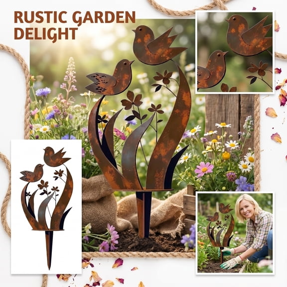 Bird and Wildflower Metal Garden Stake – Two Birds Rustic Garden Sculpture – Handmade Metal Flower Garden Stake for Planters and Lawn – Spring Decorative Yard Art (1PC)