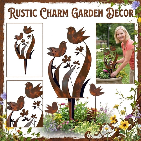 Bird and Wildflower Metal Garden Stake – Two Birds Rustic Garden Sculpture – Handmade Metal Flower Garden Stake for Planters and Lawn – Spring Decorative Yard Art