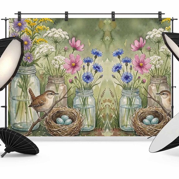 Bird Wildflowers Backdrops for Photography, Glass Jars Bird Nest Pine Branches Rustic Fabric Photo Background Sturdy Studio Props for Photo Studio, Video Recording, Booth & Photoshoot 7x5ft