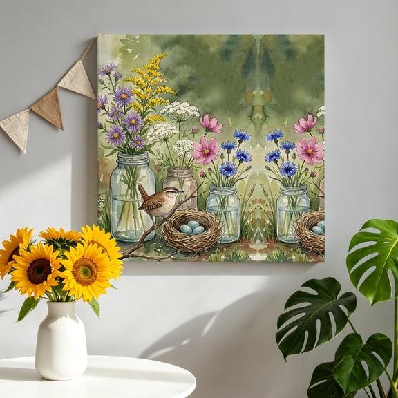 Bird Wildflowers Canvas Wall Art, Glass Jars Bird Nest Pine Branches Rustic Pictures Wall Decor Wooden Framed Artwork Art Prints for Living Room Hallway Bedroom Office 8"x8"