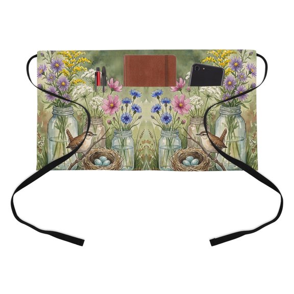 Bird Wildflowers Kitchen Restaurant Half Waist Apron, Glass Jars Bird Nest Pine Branches Rustic Server Short Apron with 3 Pockets Waterproof Oil Waist Aprons for Women Waitress Waiter