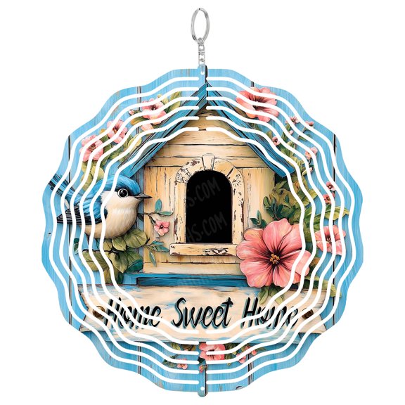 Bird Wind Spinner Metal Outdoor Decor Rustic Farmhouse Blue Pink