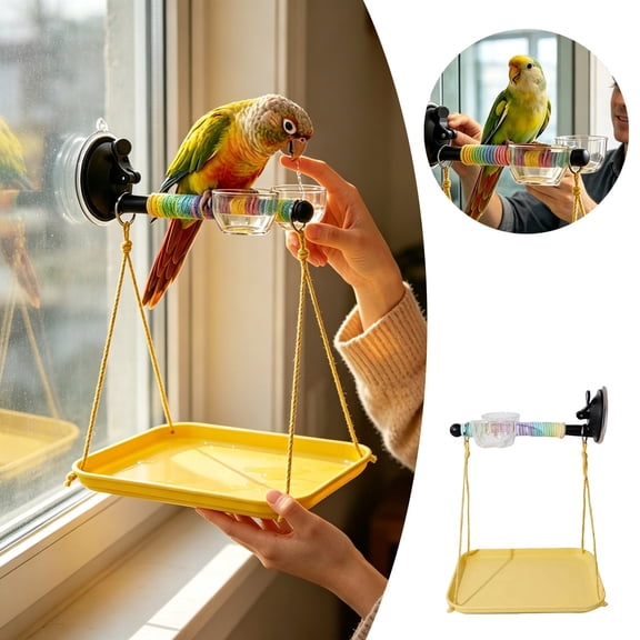 Bird Window Perch with Poop Catcher Parrot Stand with Tray Foot Exercise Space Saving interactive Play Removable Tray for Parrots Parakeets Cockatiels Lovebirds indoor Outdoor Travel Car
