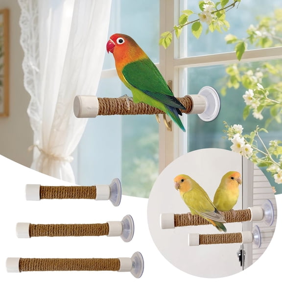 Bird Window Perch with Suction Cup – Small Rope Standing Pole for Parakeets, Cockatiels, Lovebirds, Finches – Indoor Window and Car Travel Bird Stand
