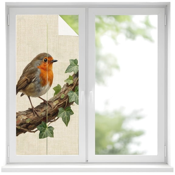 Bird Window Privacy Film Ivy Branch Animal Nature Rustic Linen Decorative Glass Window Film UV Blocking Static Cling Non-Adhesive Sticker Covering for Home Door 19.6 x 39.3 inches