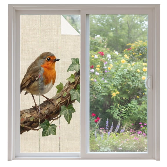 Bird Window Privacy Film Ivy Branch Animal Nature Rustic Linen Decorative Glass Window Film UV Blocking Static Cling Non-Adhesive Sticker Covering for Home Door 35.4x78.7 inches
