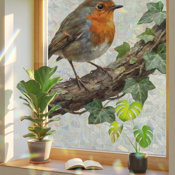 Bird Window Privacy Film, Ivy Branch Animal Nature Rustic Linen Stained Glass Rainbow Film Decorative Window Clings, Static Cling Sun Blocking Stickers 17.7" x 39.3"