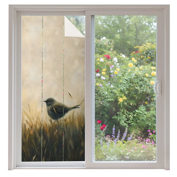 Bird Window Privacy Film Wild Grass Misty Field Animal Nature Rustic Decorative Glass Window Film UV Blocking Static Cling Non-Adhesive Sticker Covering for Home Door 35.4x78.7 inches