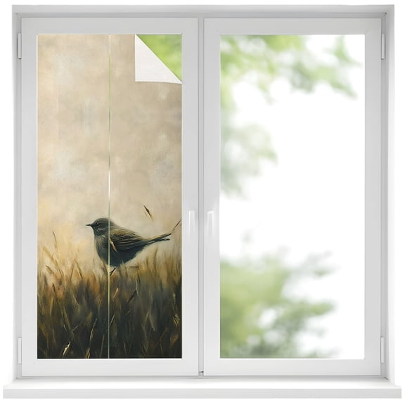 Bird Window Privacy Film Wild Grass Misty Field Animal Nature Rustic Decorative Glass Window Film UV Blocking Static Cling Non-Adhesive Sticker Covering for Home Door 19.6 x 39.3 inches