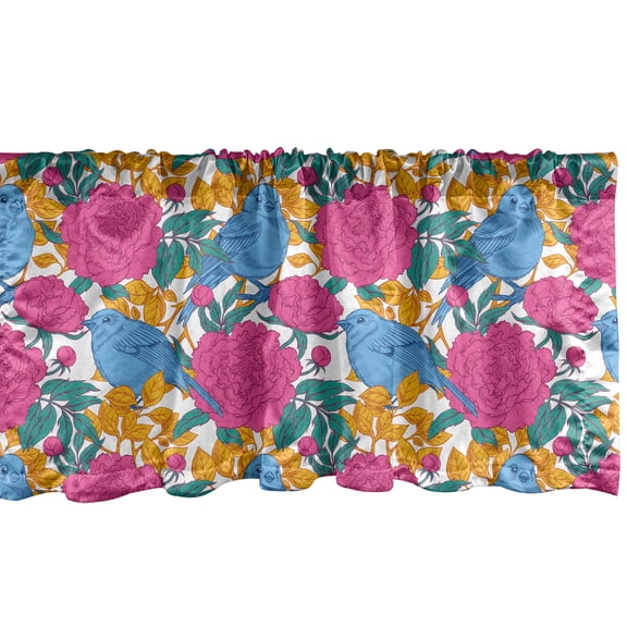 Bird Window Valance, Spring Peony Blossoms Leaves Print in Vibrant Colors, Curtain Valance for Kitchen Bedroom Decor with Rod Pocket, 54" X 18", Multicolor, by Ambesonne